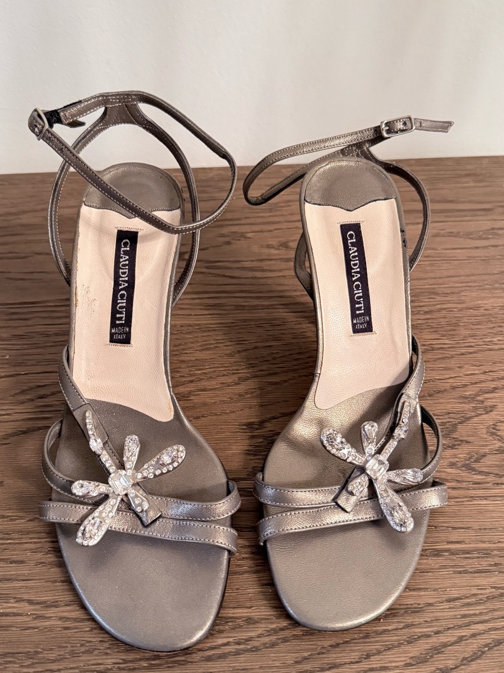 Metallic Silver Crystal-Embellished Leather Ankle-Strap Sandals